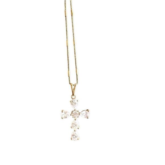 18k gold filled “Crissy” CZ Tear drop 1 inch Cross on 20” dot and dash chain - Picture 1 of 2